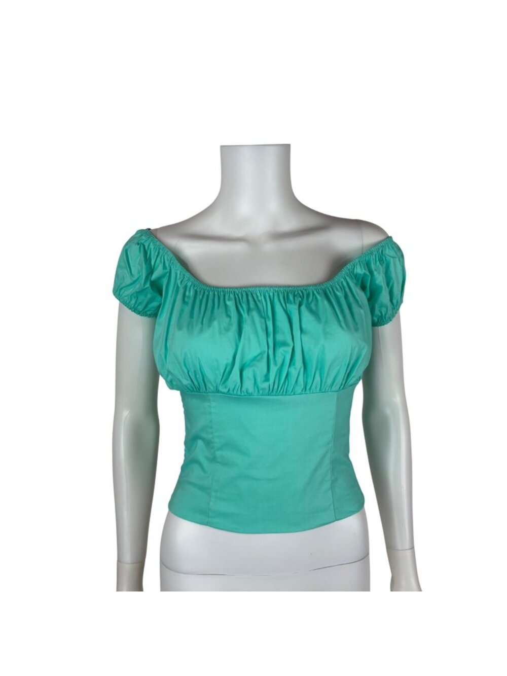 Sara USA Peasant Top Womens Small White Aqua Gathered Bodice Smocked Back Pin Up